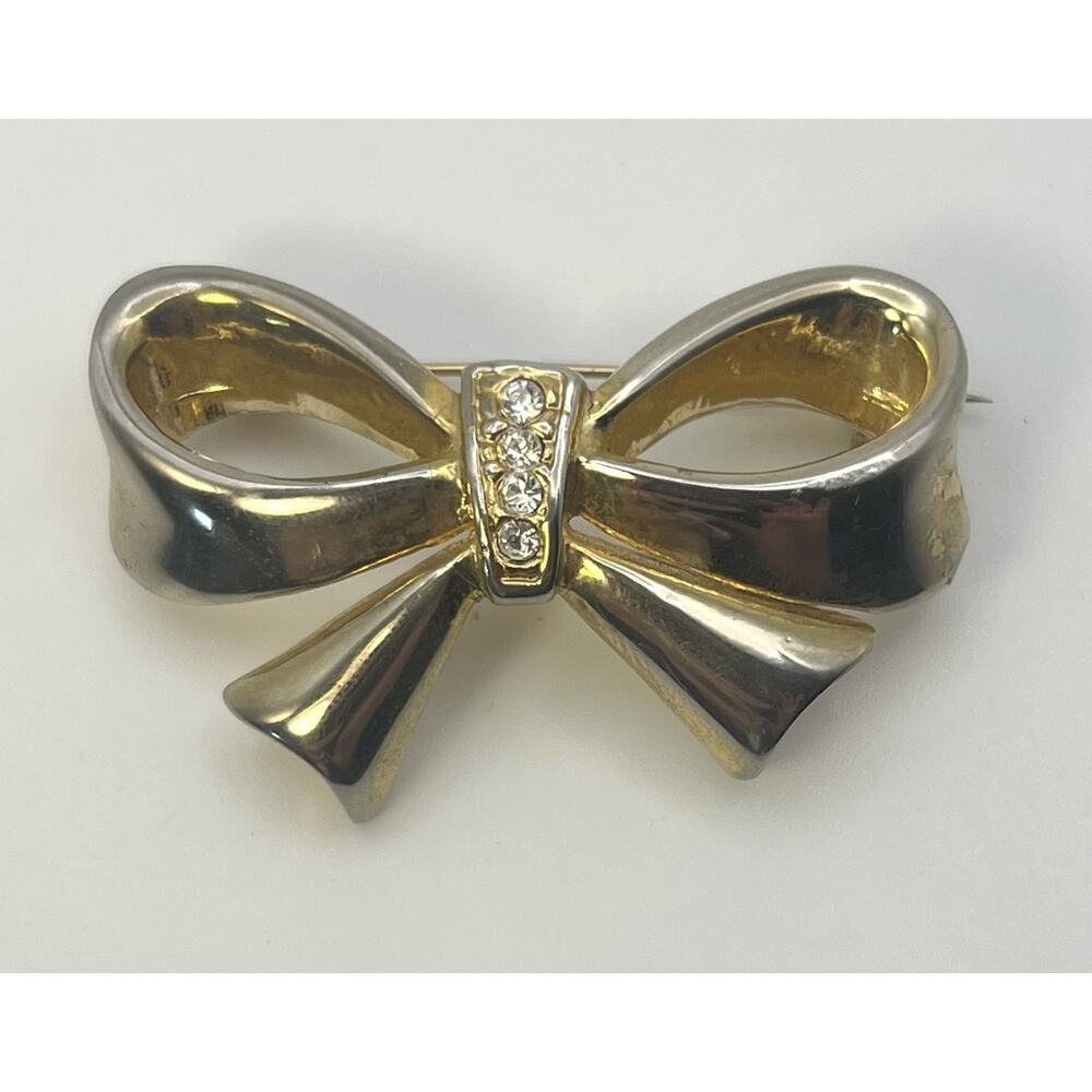 Vintage Gold Tone & Rhinestone Dainty Bow Costume Brooch